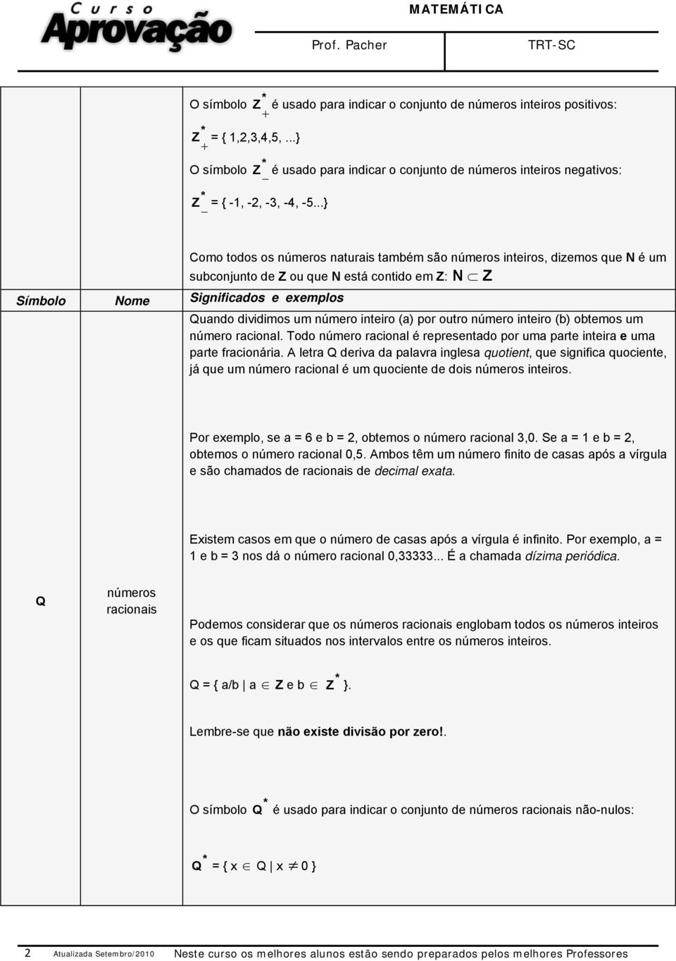 ..} Símbolo Nome Significados e exemplos Como todos os números naturais também são números inteiros, dizemos que N é um subconjunto de Z ou que N está contido em Z: N Z Quando dividimos um número