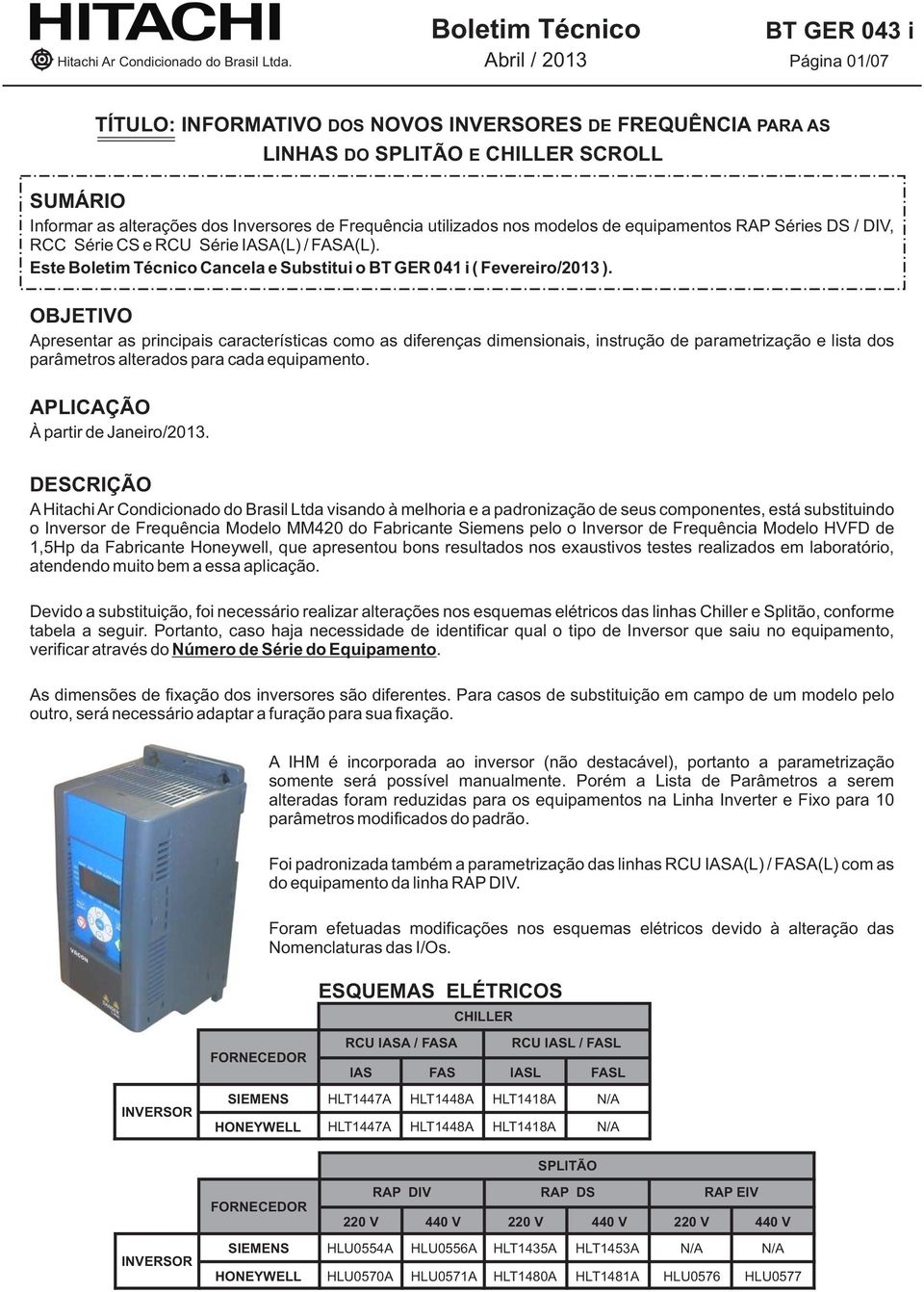 OBJETIVO Apresentar as principais características como as diferenças dimensionais, instrução de parametrização e lista dos parâmetros alterados para cada equipamento.