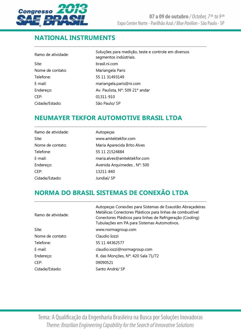 com Avenida Arquimedes, Nº: 500 CEP: 13211-840 Jundiaí/ SP NORMA DO BRASIL SISTEMAS DE CONEXÃO LTDA Autopeças Conexões para Sistemas de Exaustão Abraçadeiras Metálicas Conectores Plásticos para