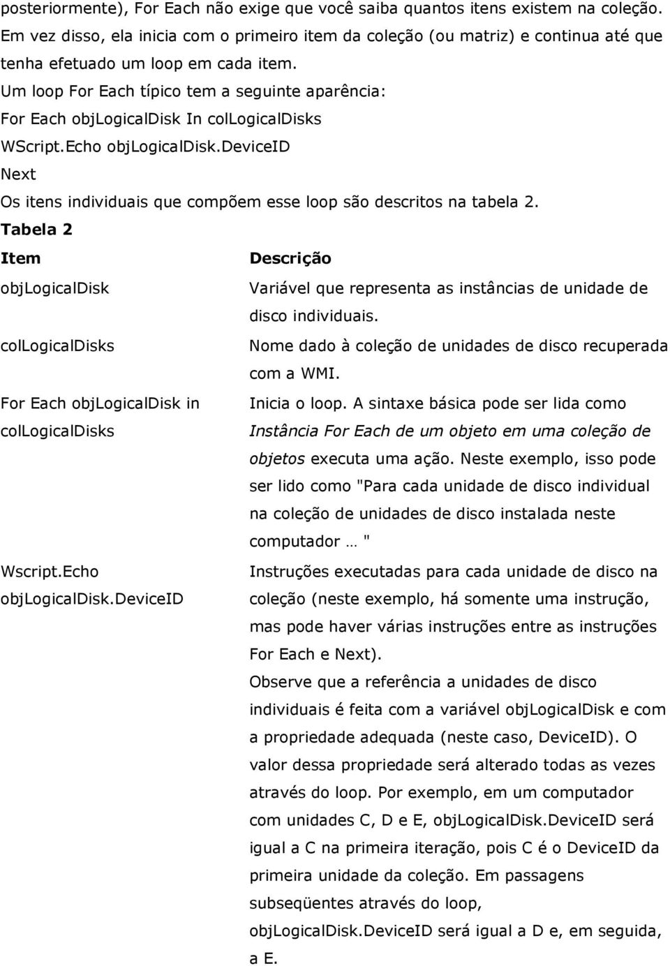 Um loop For Each típico tem a seguinte aparência: For Each objlogicaldisk In collogicaldisks WScript.Echo objlogicaldisk.