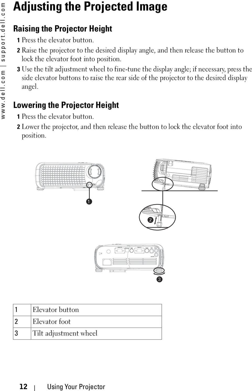 3 Use the tilt adjustment wheel to fine-tune the display angle; if necessary, press the side elevator buttons to raise the rear side of the projector to the desired