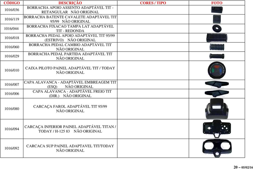 1016/010 1016/007 1016/006 1016/080 CAIXA PILOTO PAINEL ADAPTÁVEL TIT / TODAY CAPA ALAVANCA - ADAPTÁVEL EMBREAGEM TIT (ESQ) CAPA ALAVANCA - ADAPTÁVEL FREIO TIT