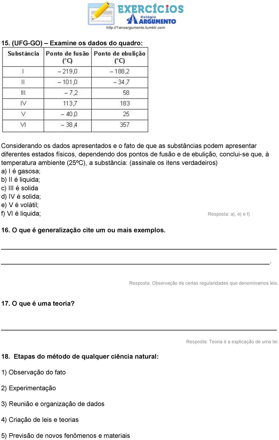 Resposta: a), e) e f) 16. O que é generalização cite um ou mais exemplos.. Resposta: Observação de certas regularidades que denominamos leis. 17. O que é uma teoria? 18.