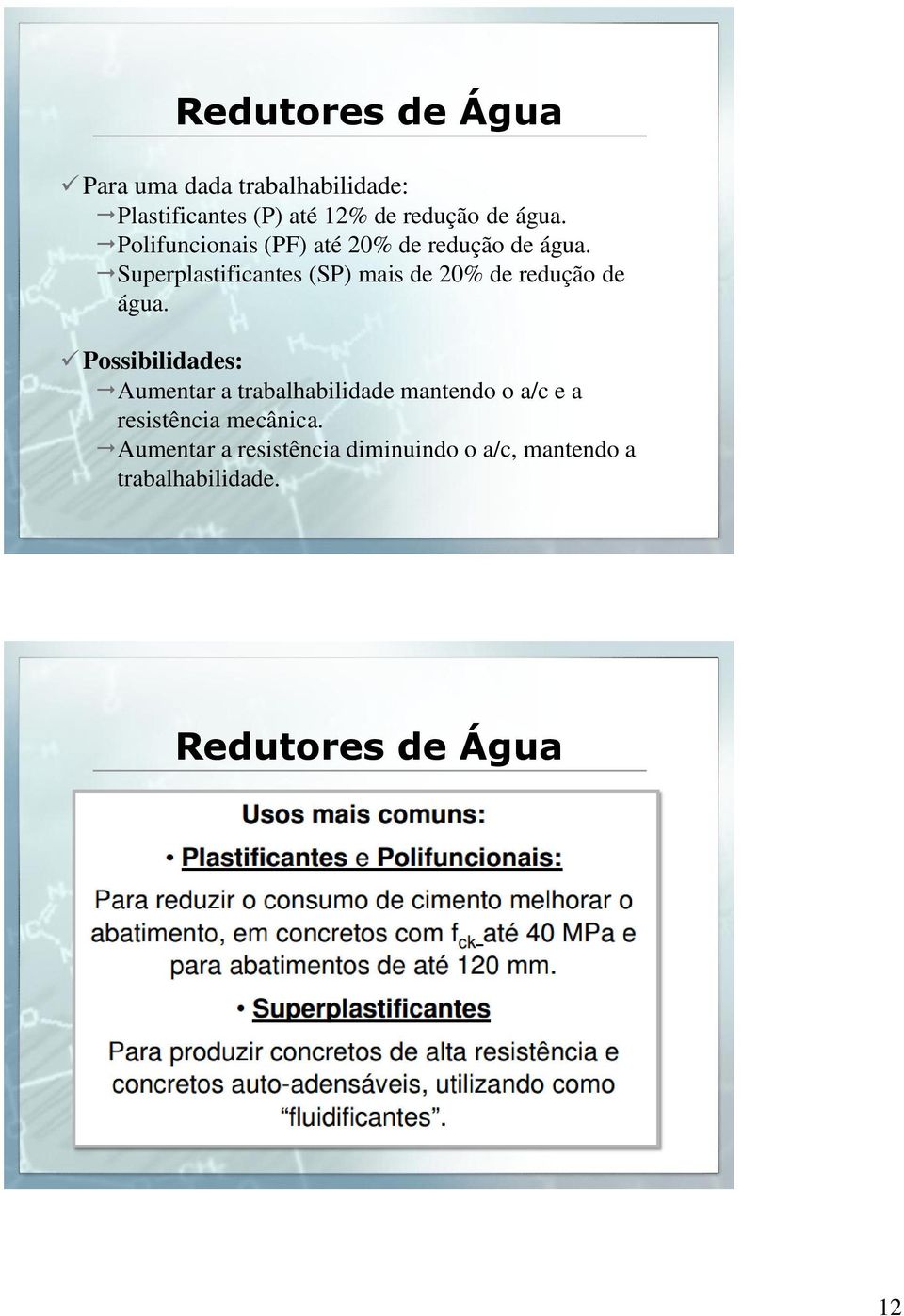 Superplastificantes (SP) mais de 20% de redução de água.