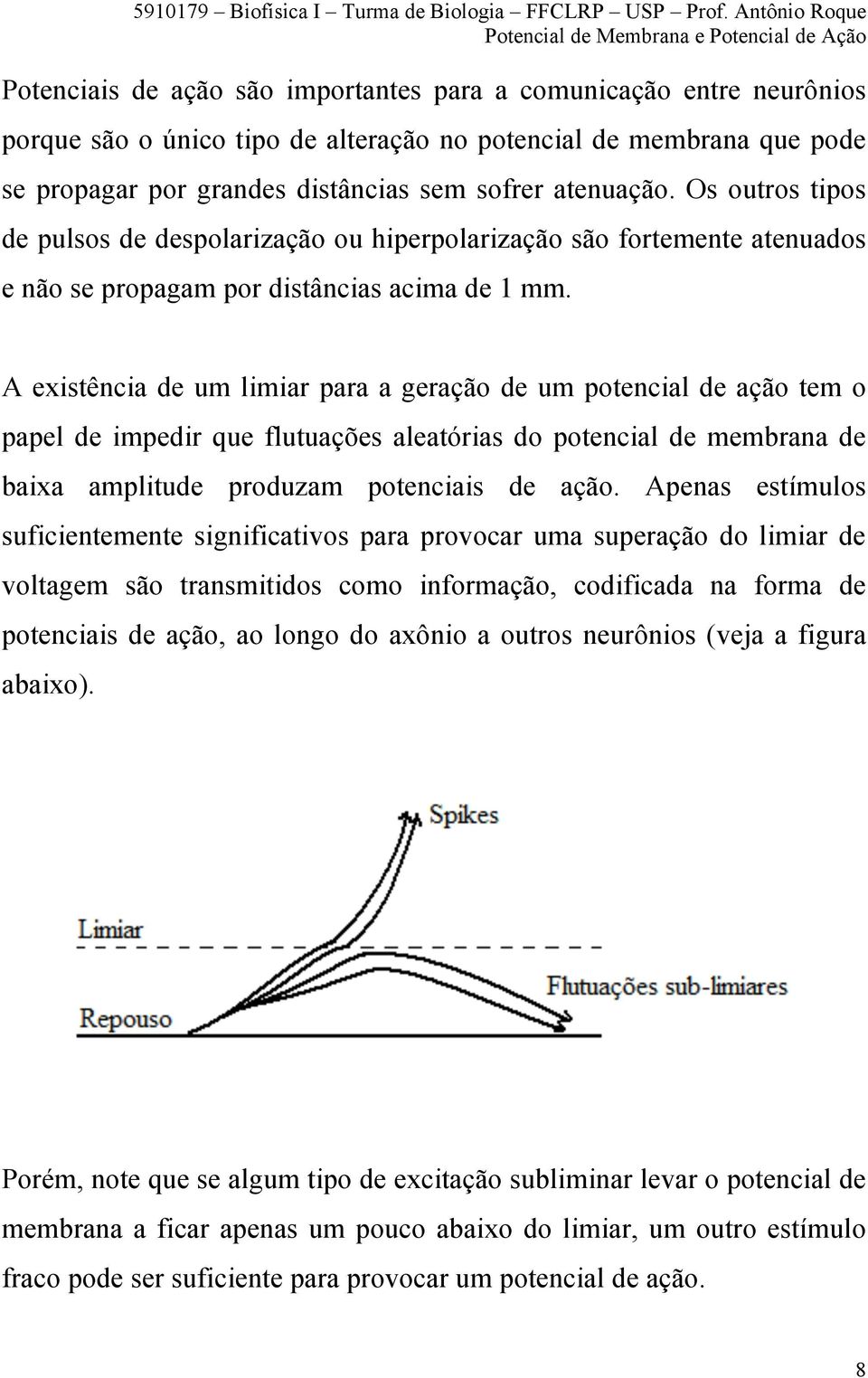 A existência de um limiar para a geração de um potencial de ação tem o papel de impedir que flutuações aleatórias do potencial de membrana de baixa amplitude produzam potenciais de ação.