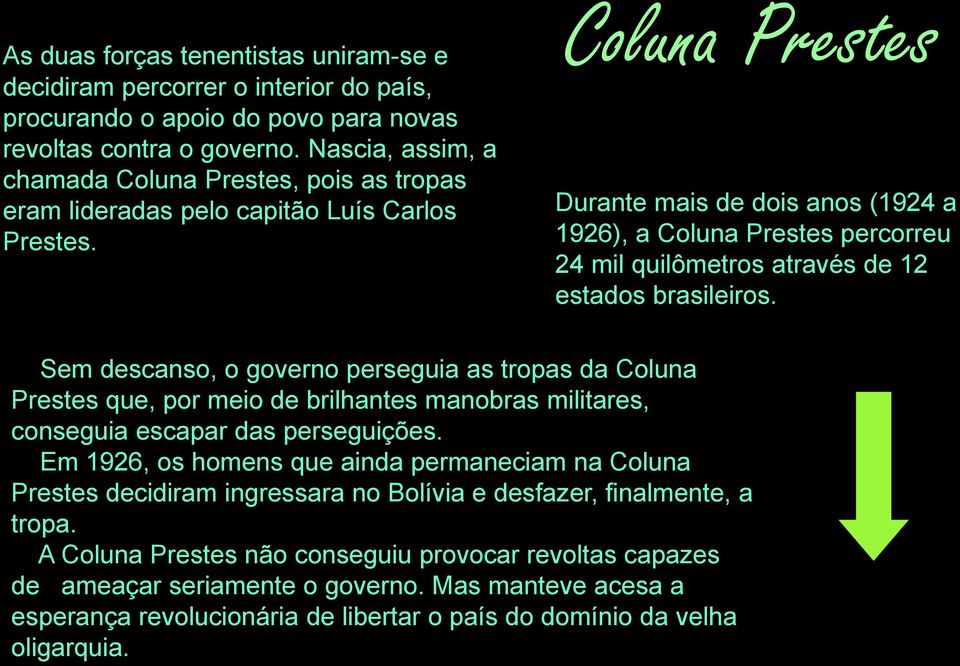Coluna Prestes Durante mais de dois anos (1924 a 1926), a Coluna Prestes percorreu 24 mil quilômetros através de 12 estados brasileiros.