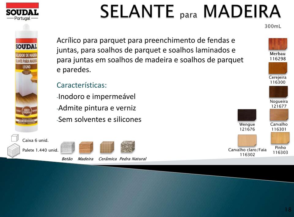 -Inodoro e impermeável -Admite pintura e verniz -Sem solventes e silicones Wengue 121676 Merbau 116298