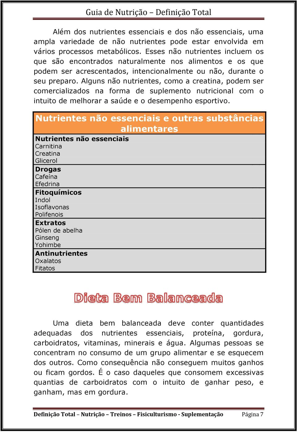 Alguns não nutrientes, como a creatina, podem ser comercializados na forma de suplemento nutricional com o intuito de melhorar a saúde e o desempenho esportivo.