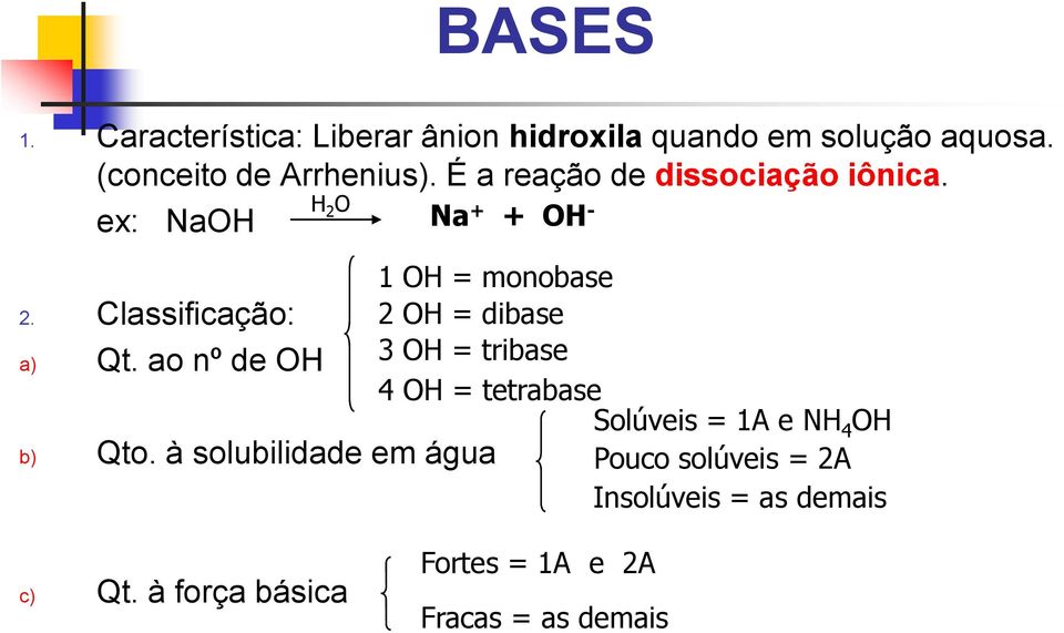 à solubilidade em água Na + + OH - 1 OH = monobase 2 OH = dibase 3 OH = tribase 4 OH = tetrabase