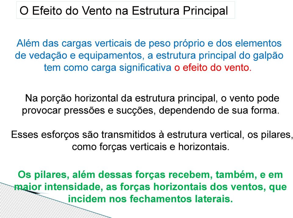 Na porção horizontal da estrutura principal, o vento pode provocar pressões e sucções, dependendo de sua forma.