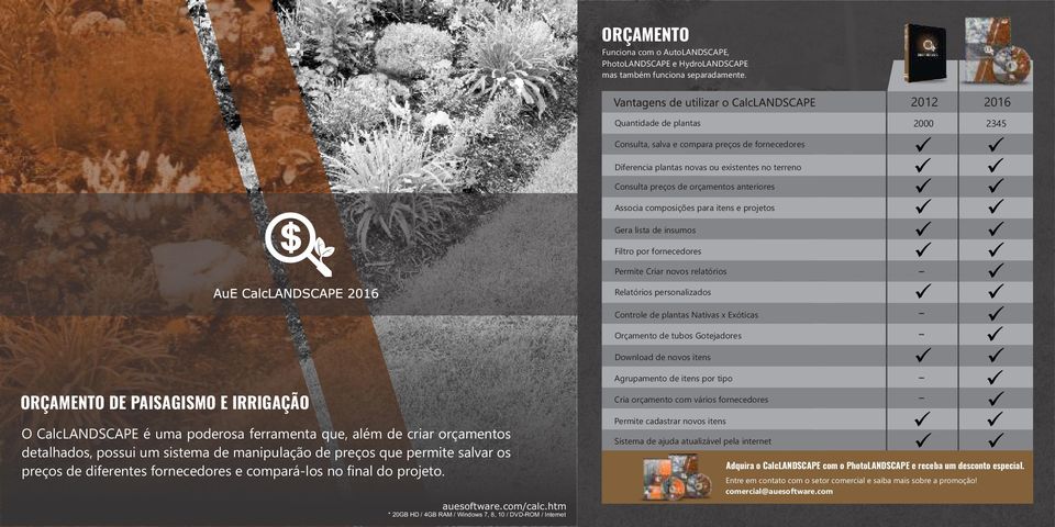 para itens e projetos Gera lista de insumos Filtro por fornecedores Permite Criar novos relatórios Relatórios personalizados Controle de plantas Nativas x Exóticas Orçamento de tubos Gotejadores