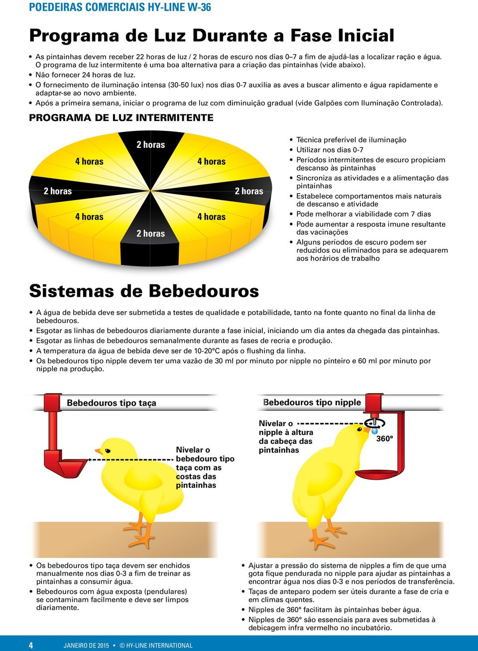 O fornecimento de iluminação intensa (30-50 lux) nos dias 0-7 auxilia as aves a buscar alimento e água rapidamente e adaptar-se ao novo ambiente.