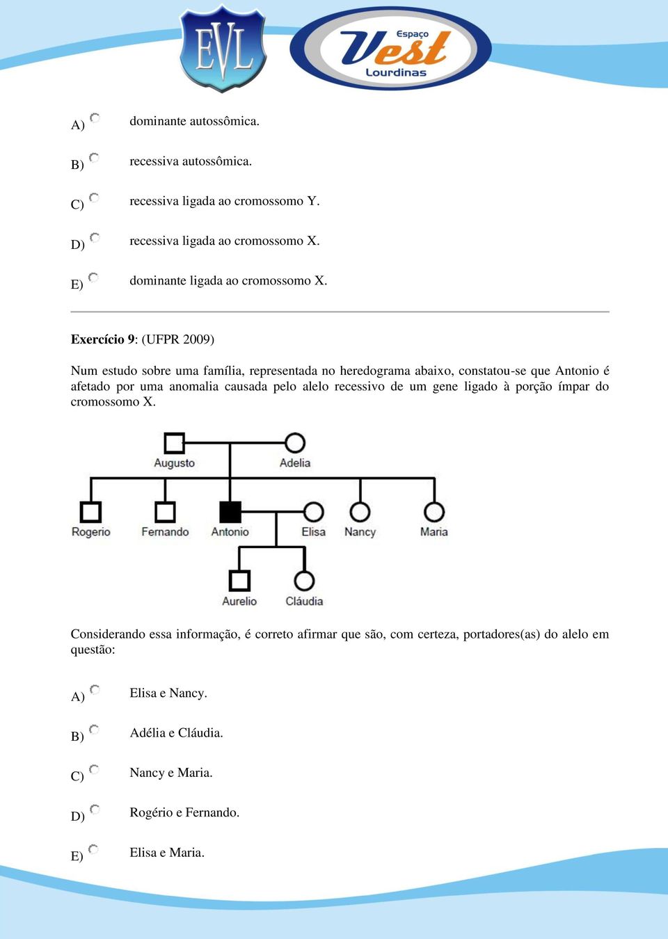 Exercício 9: (UFPR 2009) Num estudo sobre uma família, representada no heredograma abaixo, constatou-se que Antonio é afetado por uma anomalia