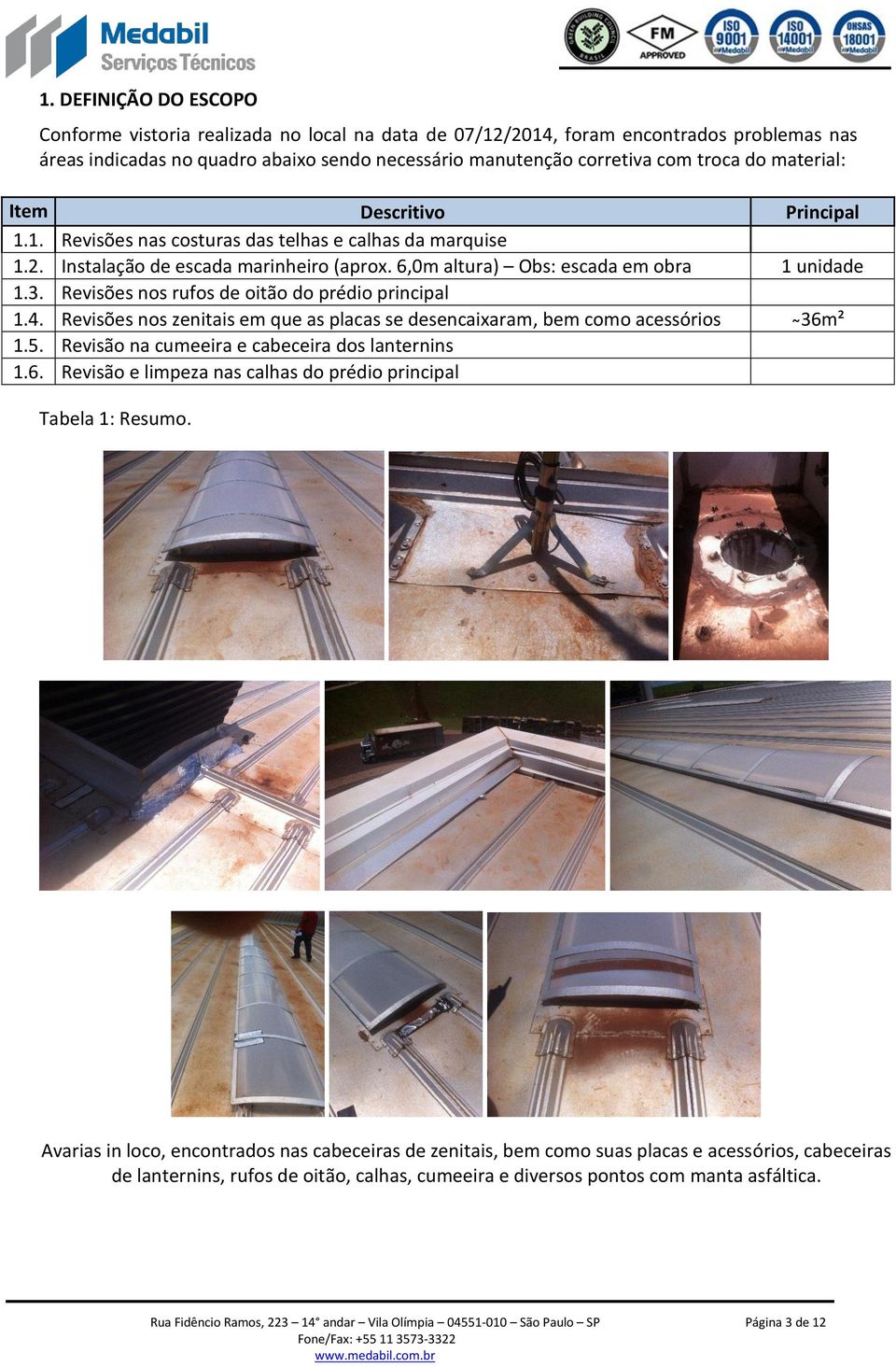 Revisões nos rufos de oitão do prédio principal 1.4. Revisões nos zenitais em que as placas se desencaixaram, bem como acessórios 36m² 1.5. Revisão na cumeeira e cabeceira dos lanternins 1.6. Revisão e limpeza nas calhas do prédio principal Tabela 1: Resumo.