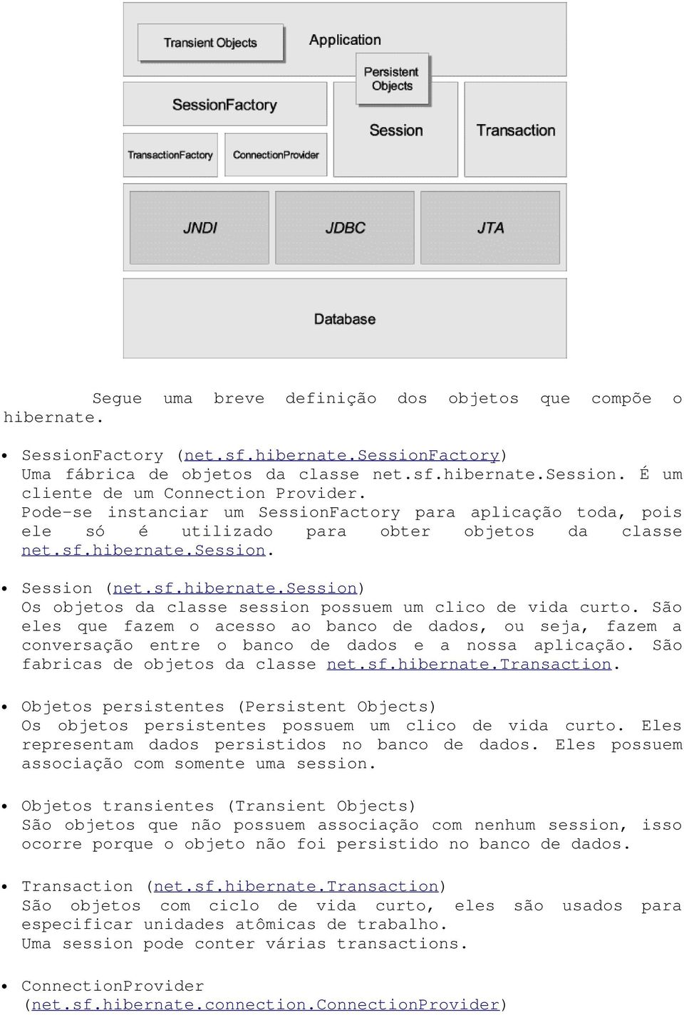 São eles que fazem o acesso ao banco de dados, ou seja, fazem a conversação entre o banco de dados e a nossa aplicação. São fabricas de objetos da classe net.sf.hibernate.transaction.