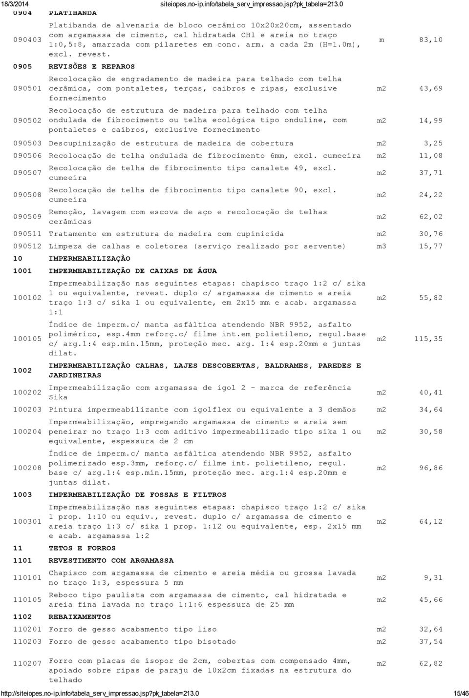 0905 REVISÕES E REPAROS 090501 090502 Recolocação de engradamento de madeira para telhado com telha cerâmica, com pontaletes, terças, caibros e ripas, exclusive fornecimento Recolocação de estrutura