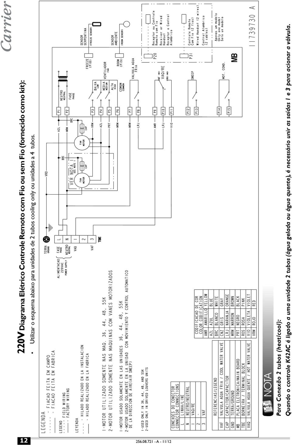 Para Conexão 2 tubos (heat/cool): Quando o controle K42C é ligado a uma unidade 2 tubos