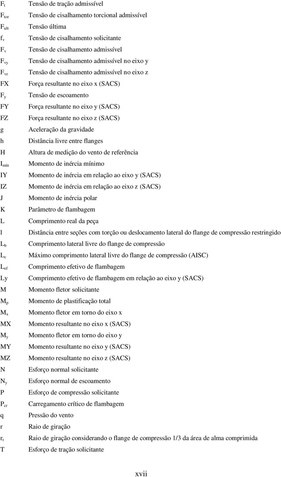 no eixo x (SACS) Tensão de escoamento Força resultante no eixo y (SACS) Força resultante no eixo z (SACS) Aceleração da gravidade Distância livre entre flanges Altura de medição do vento de