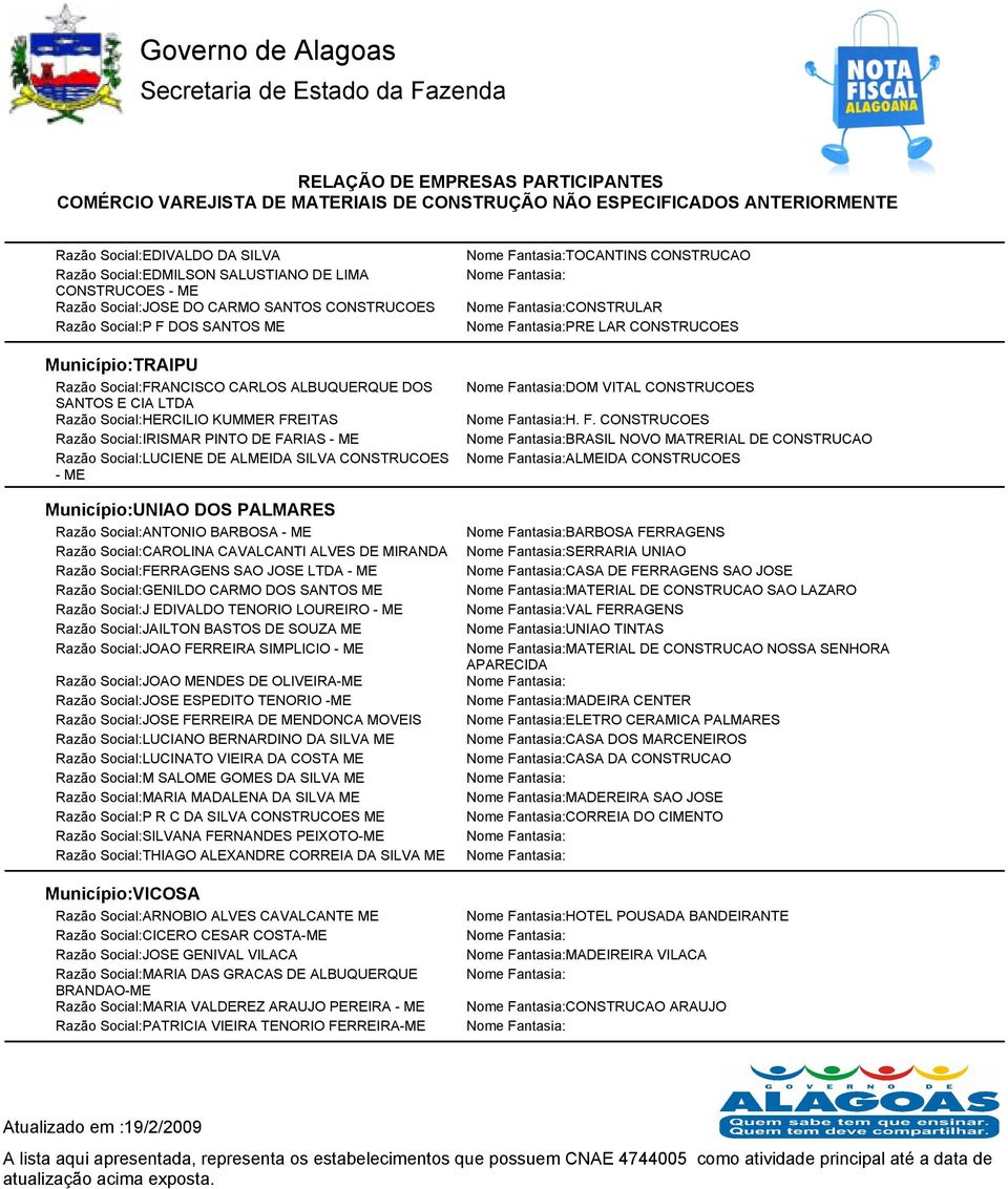 Social:ANTONIO BARBOSA - Razão Social:CAROLINA CAVALCANTI ALVES DE MIRANDA Razão Social:FERRAGENS SAO JOSE - Razão Social:GENILDO CARMO DOS SANTOS Razão Social:J EDIVALDO TENORIO LOUREIRO - Razão