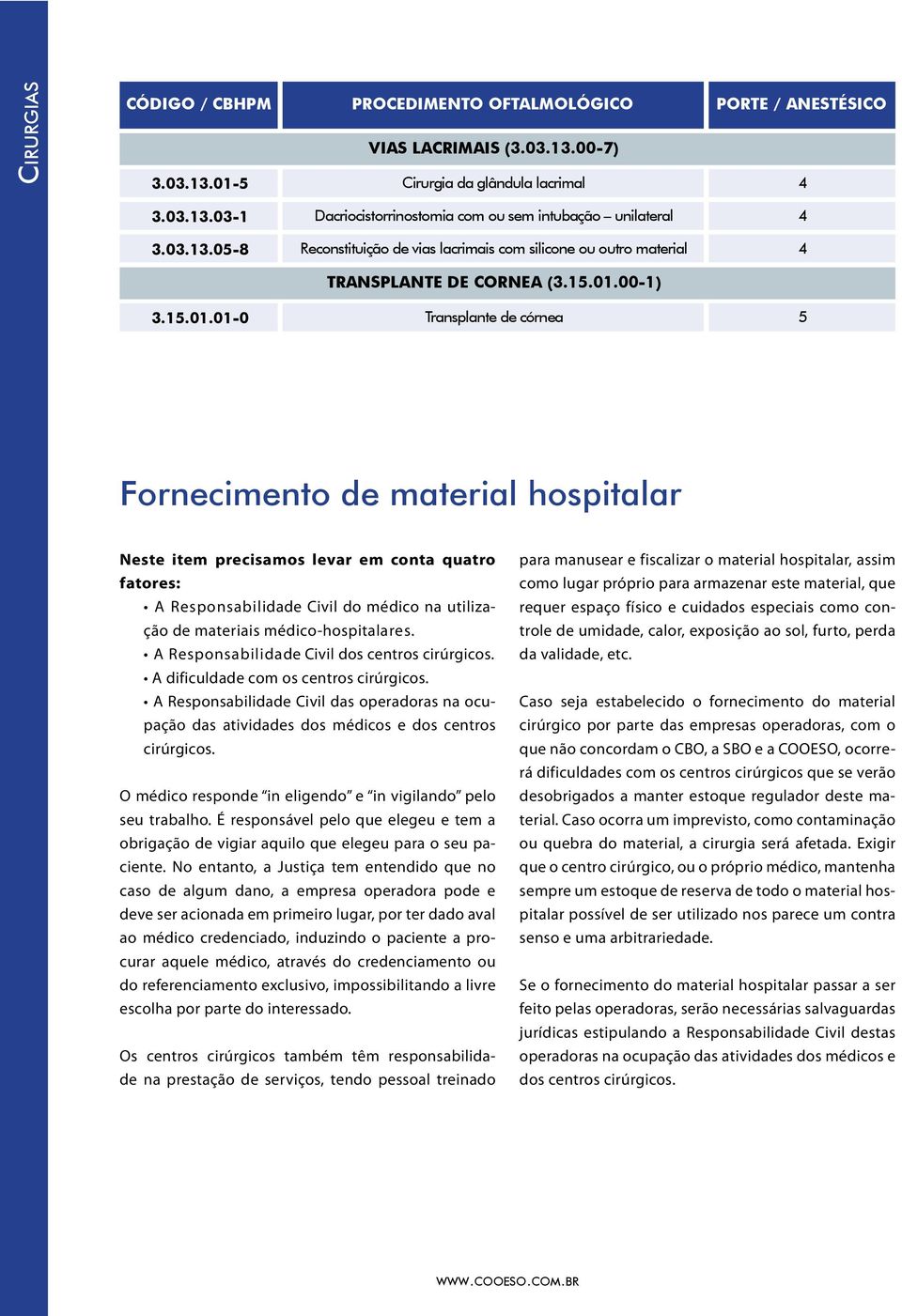 01-0 Dacriocistorrinostomia com ou sem intubação unilateral Reconstituição de vias lacrimais com silicone ou outro material TRANSPLANTE DE CORNEA (3.15.01.00-1) Transplante de córnea 4 4 5 Fornecimento de material hospitalar Neste item precisamos levar em conta quatro fatores: ção de materiais médico-hospitalares.