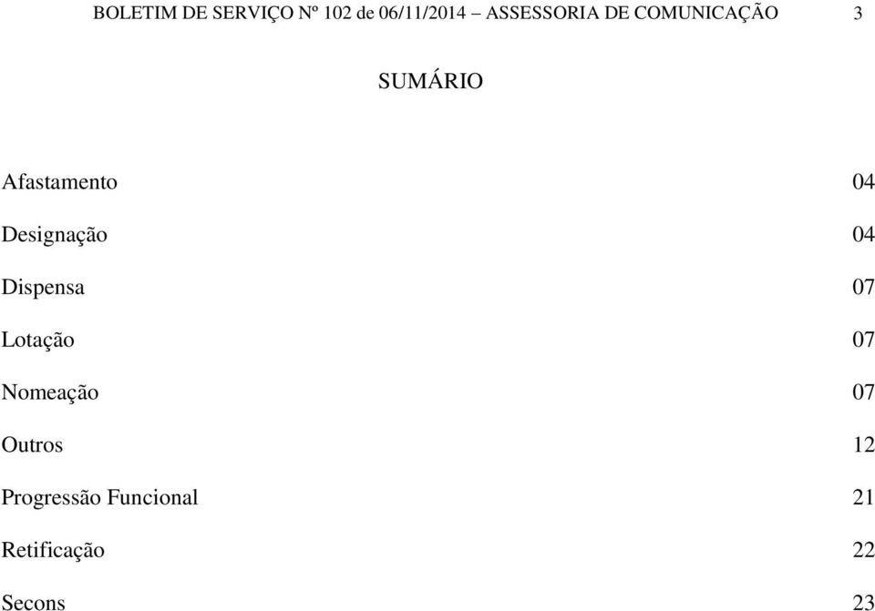 04 Designação 04 Dispensa 07 Lotação 07 Nomeação