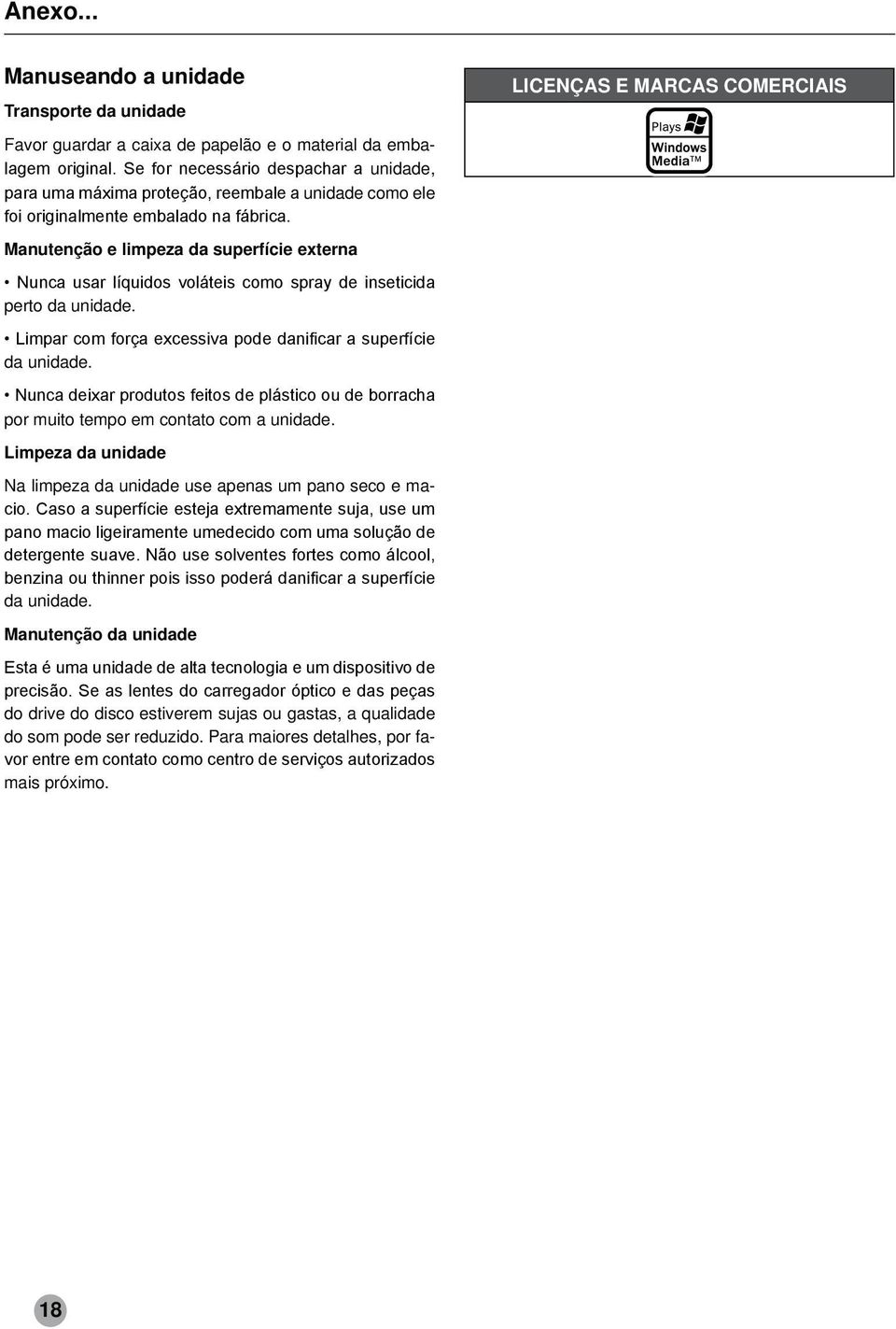 Manutenção e limpeza da superfície externa perto da unidade. da unidade. por muito tempo em contato com a unidade.