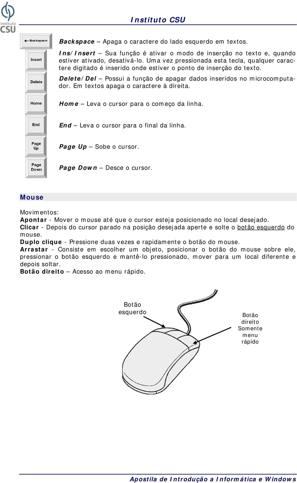 Em textos apaga o caractere à direita. Home Leva o cursor para o começo da linha. End Leva o cursor para o final da linha. Page Up Sobe o cursor. Page Down Desce o cursor.