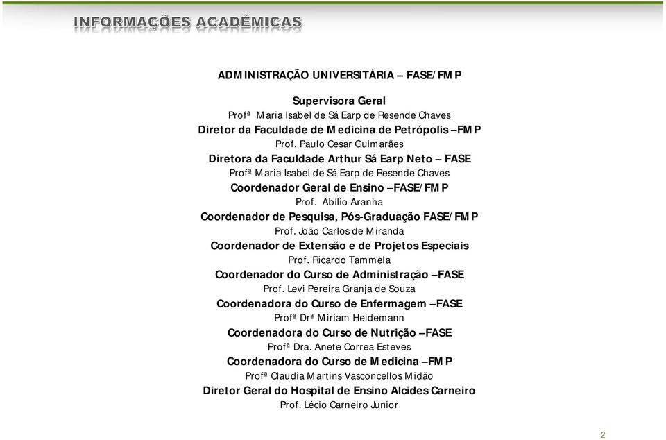 Abílio Aranha Coordenador de Pesquisa, Pós-Graduação FASE/FMP Prof. João Carlos de Miranda Coordenador de Extensão e de Projetos Especiais Prof.