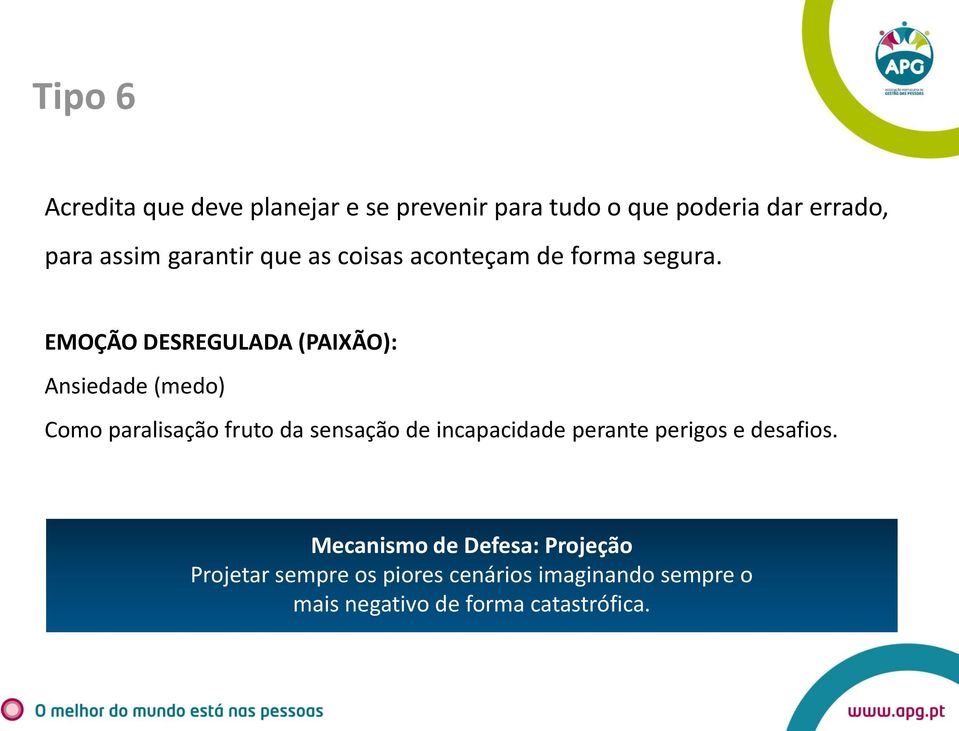 EMOÇÃO DESREGULADA (PAIXÃO): Ansiedade (medo) Como paralisação fruto da sensação de incapacidade