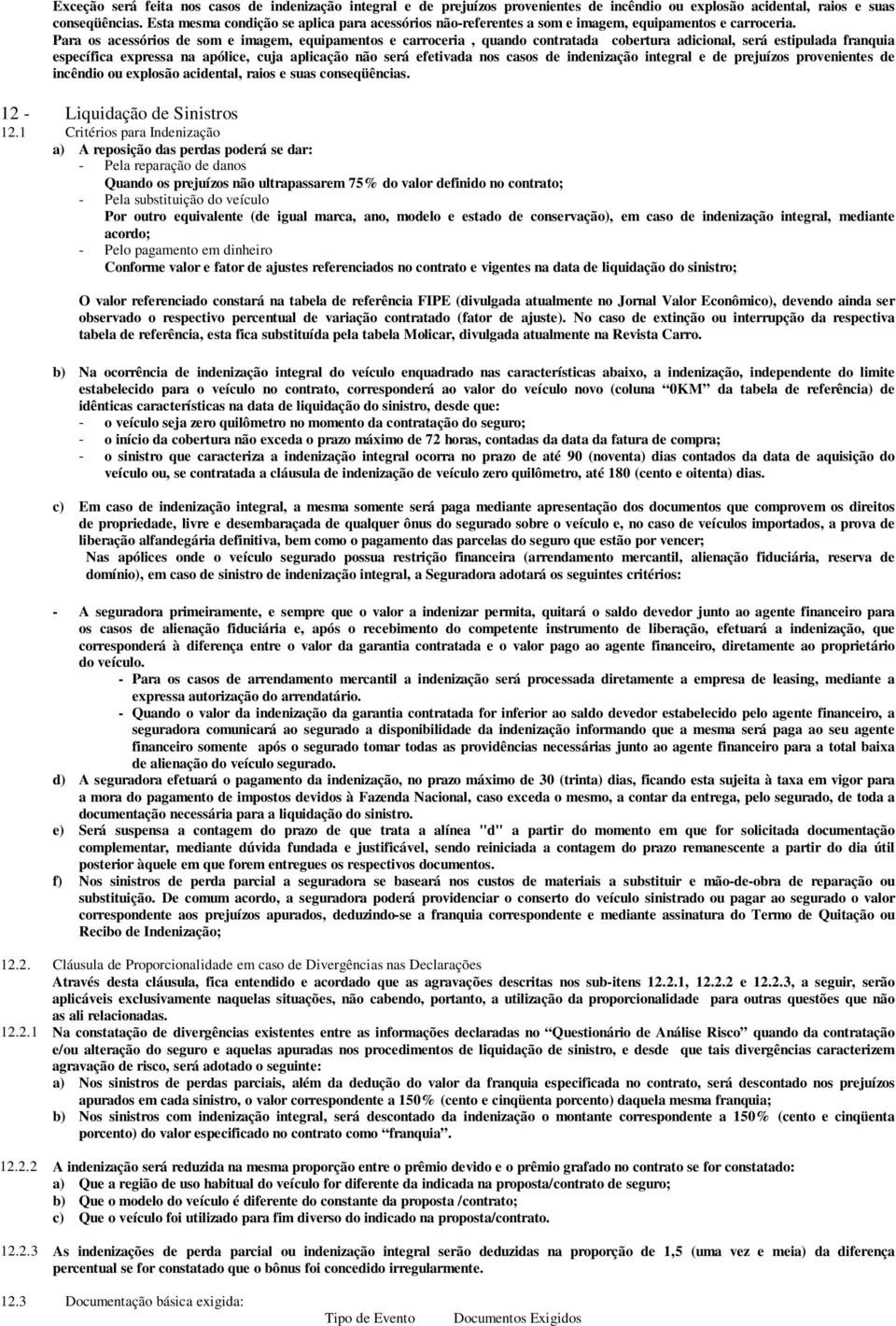 Para os acessórios de som e imagem, equipamentos e carroceria, quando contratada cobertura adicional, será estipulada franquia específica expressa na apólice, cuja aplicação não será efetivada nos