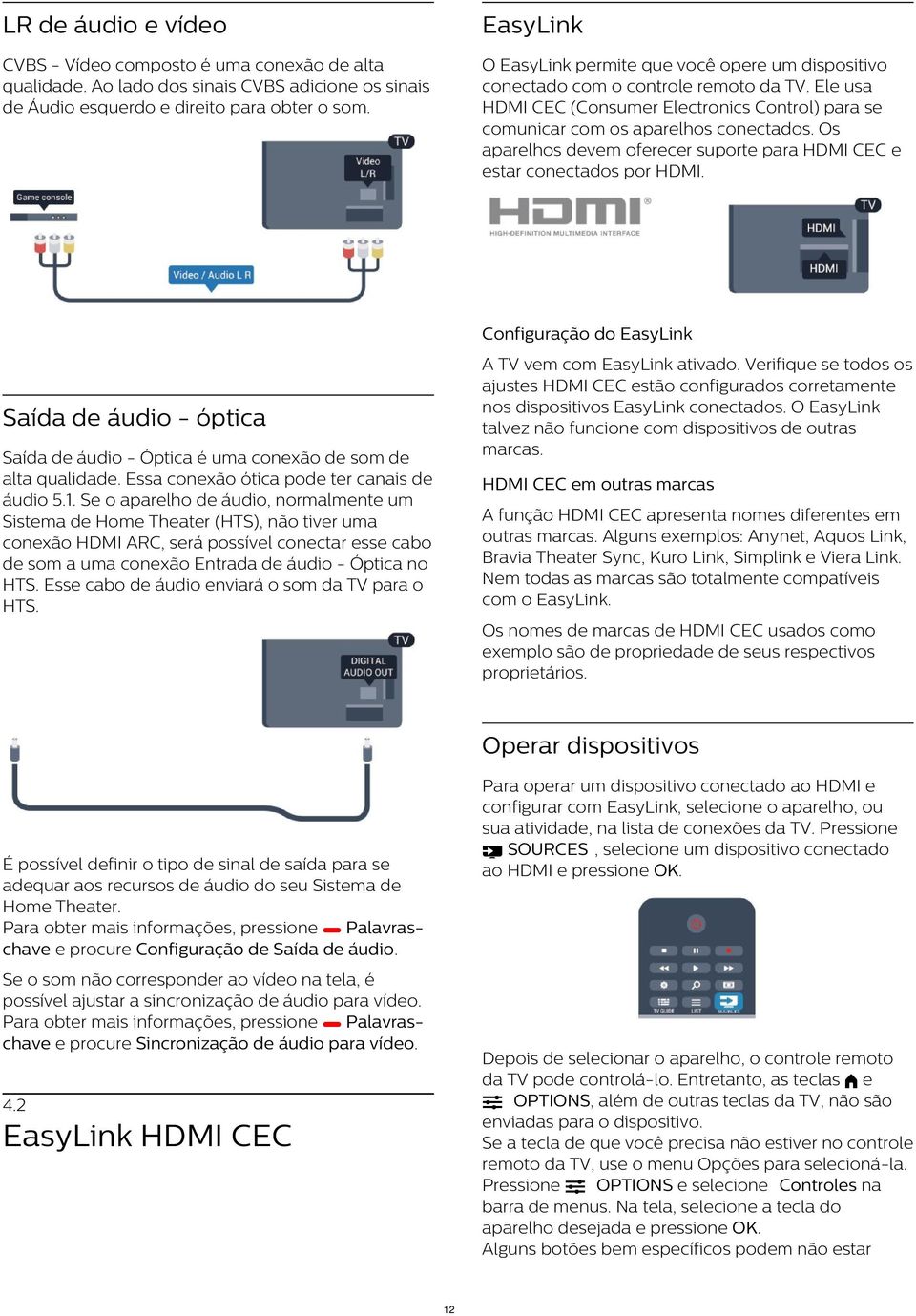 Os aparelhos devem oferecer suporte para HDMI CEC e estar conectados por HDMI. Configuração do EasyLink A TV vem com EasyLink ativado.