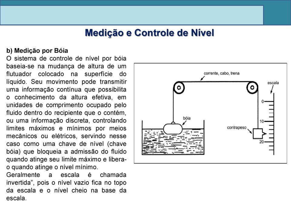 ou uma informação discreta, controlando limites máximos e mínimos por meios mecânicos ou elétricos, servindo nesse caso como uma chave de nível (chave bóia) que bloqueia a admissão do