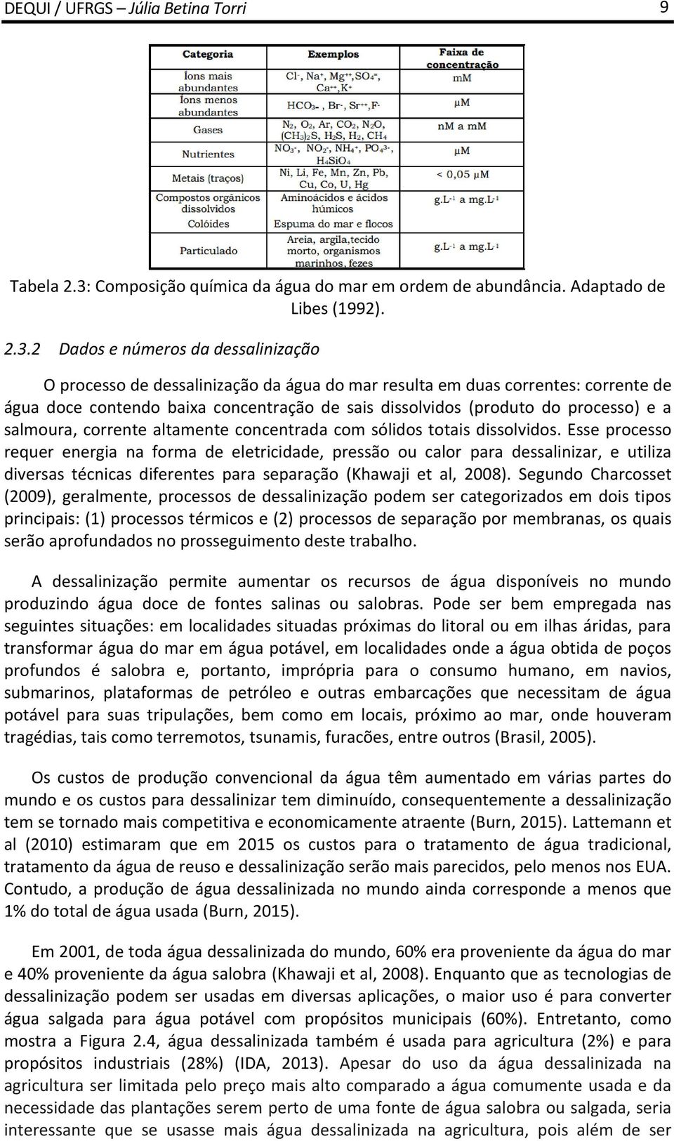 2 Dados e números da dessalinização O processo de dessalinização da água do mar resulta em duas correntes: corrente de água doce contendo baixa concentração de sais dissolvidos (produto do processo)