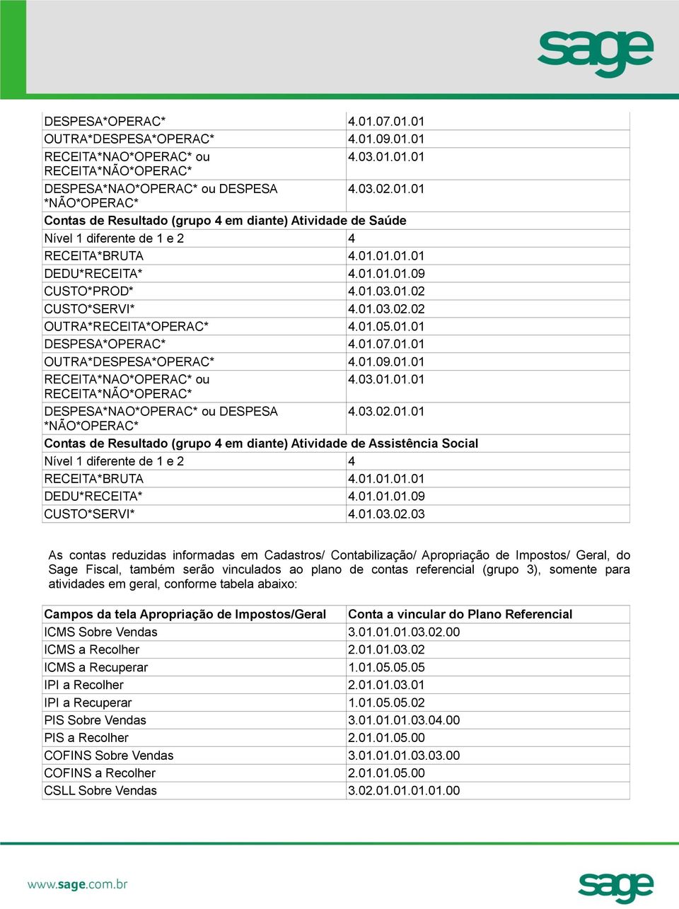 03.01.01.01 RECEITA*NÃO*OPERAC* DESPESA*NAO*OPERAC* ou DESPESA 4.03.02.01.01 *NÃO*OPERAC* Contas de Resultado (grupo 4 em diante) Atividade de Assistência Social Nível 1 diferente de 1 e 2 4 RECEITA*BRUTA 4.