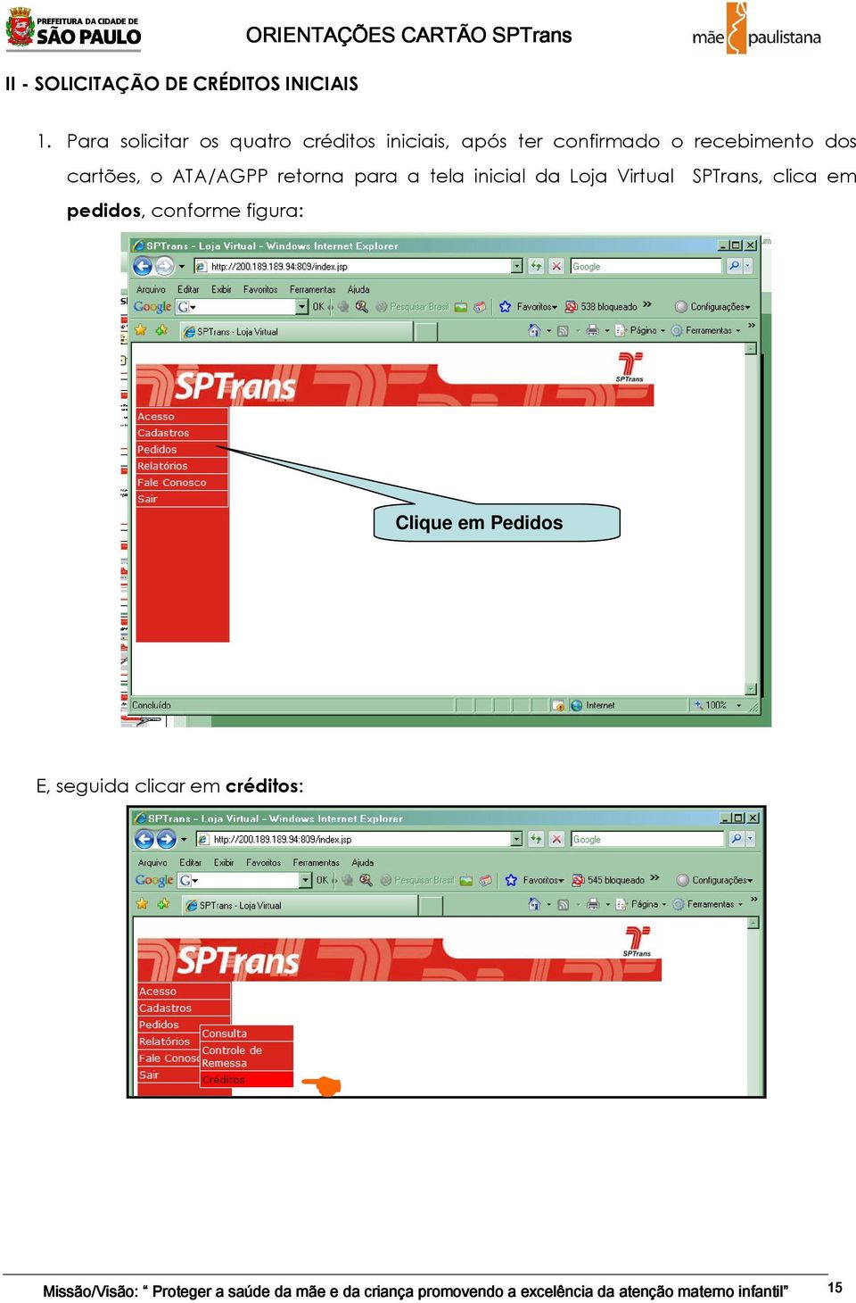 ATA/AGPP retorna para a tela inicial da Loja Virtual SPTrans, clica em pedidos, conforme figura: