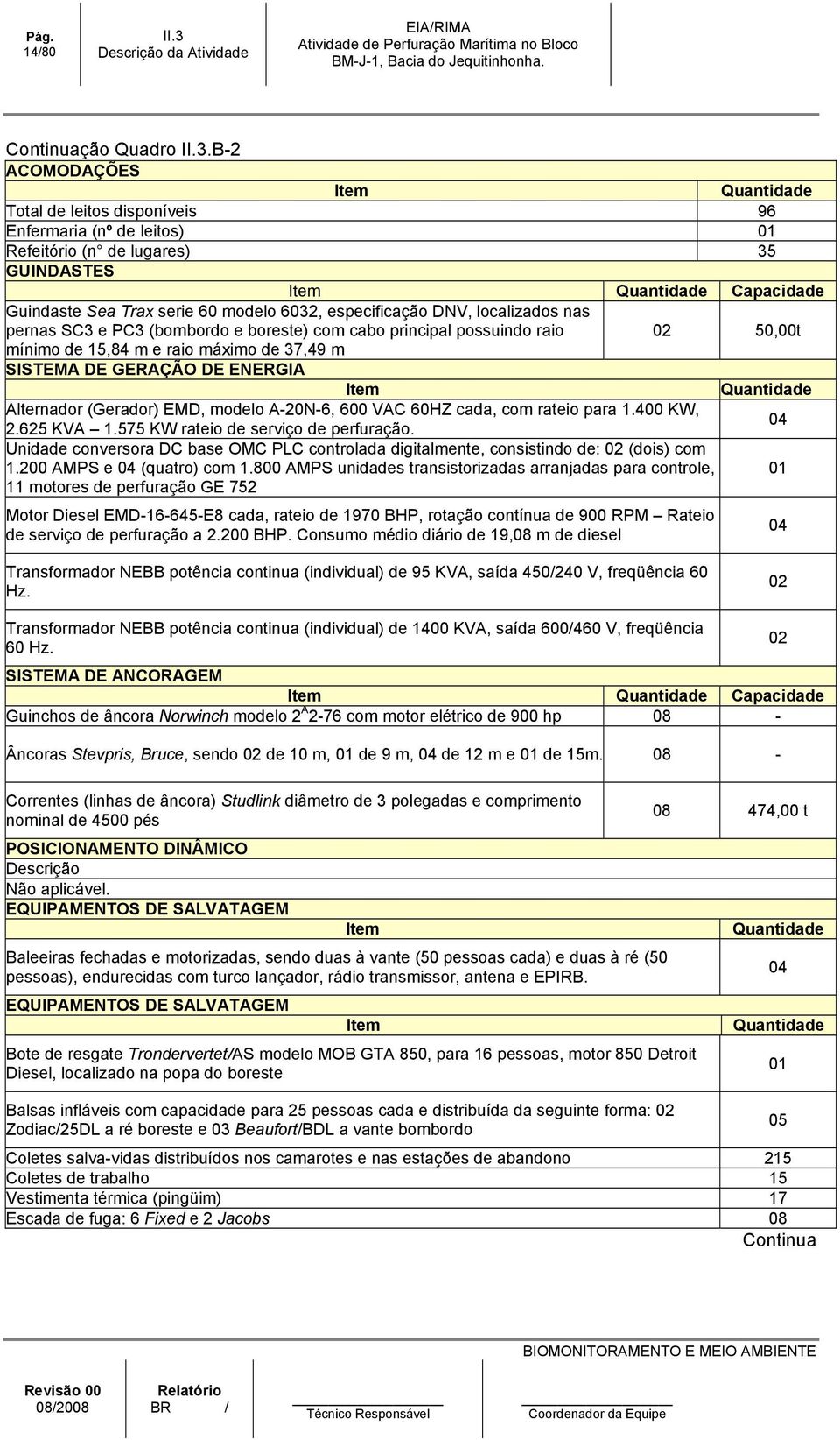 especificação DNV, localizados nas pernas SC3 e PC3 (bombordo e boreste) com cabo principal possuindo raio mínimo de 15,84 m e raio máximo de 37,49 m SISTEMA DE GERAÇÃO DE ENERGIA Item Alternador