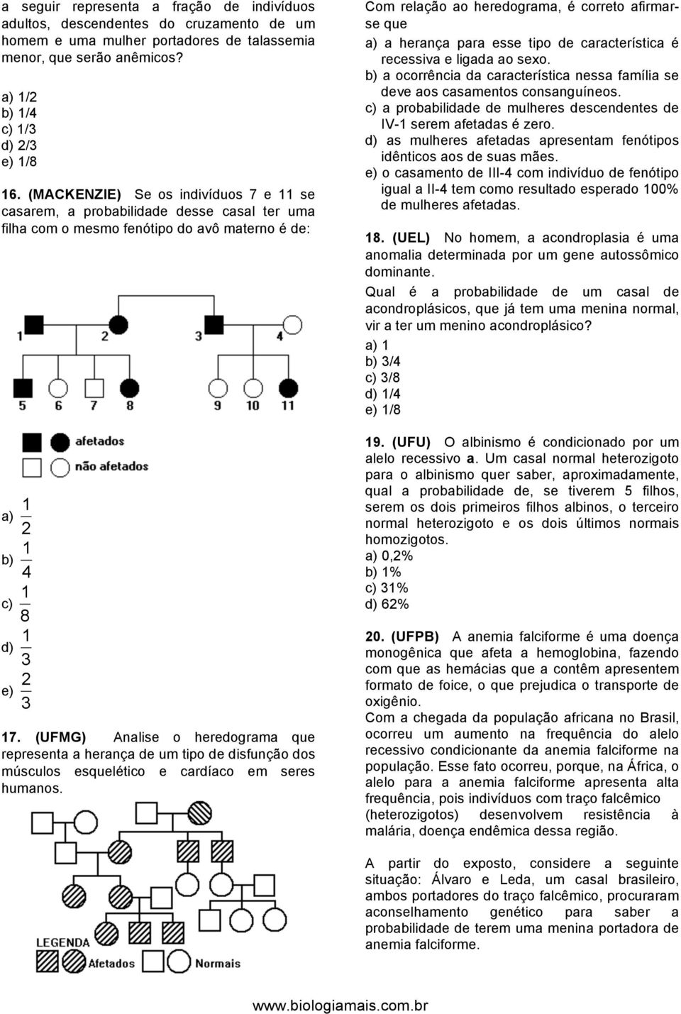 (UFMG) Analise o heredograma que representa a herança de um tipo de disfunção dos músculos esquelético e cardíaco em seres humanos.