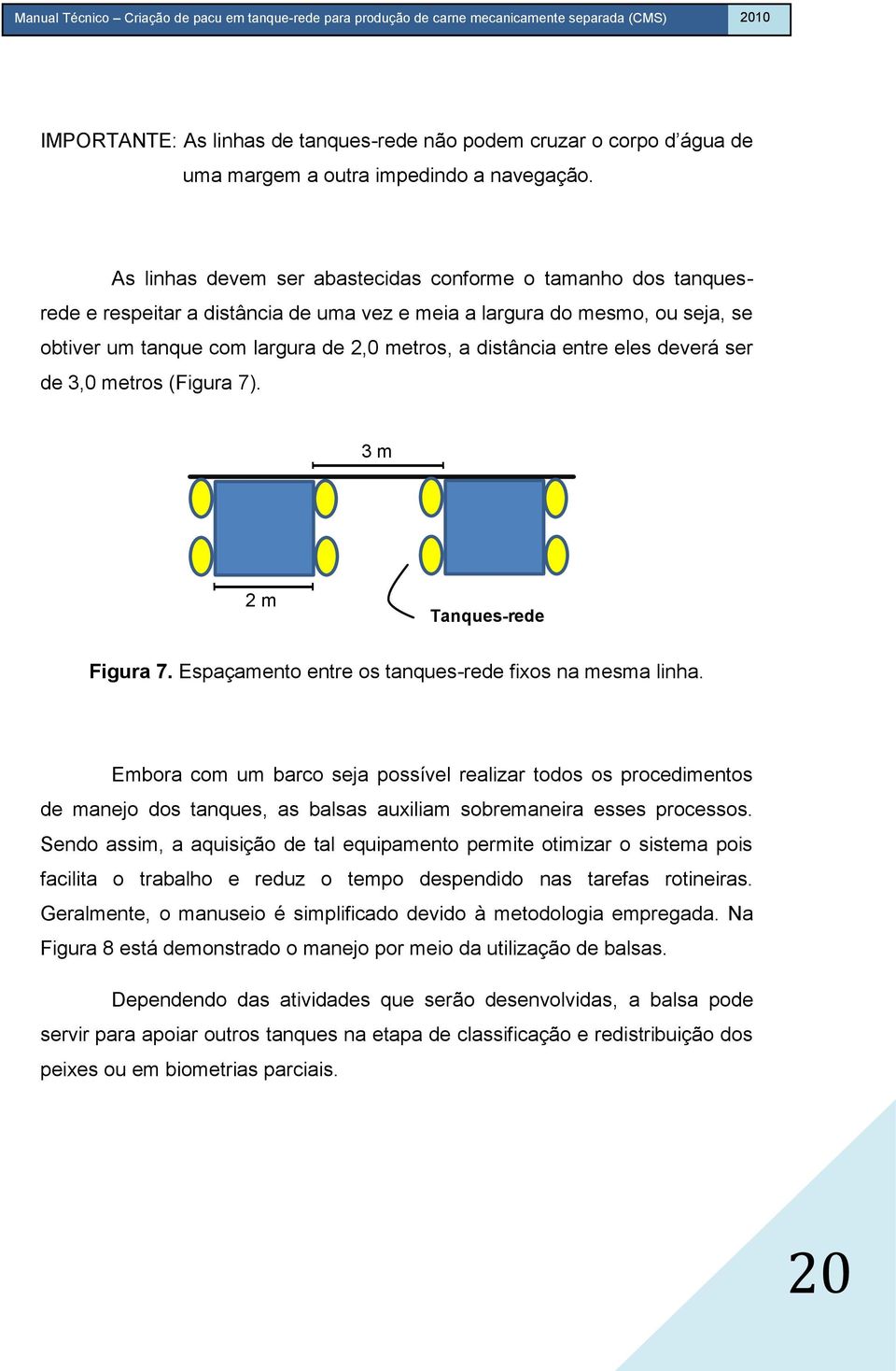 entre eles deverá ser de 3,0 metros (Figura 7). 3 m 2 m Tanques-rede Figura 7. Espaçamento entre os tanques-rede fixos na mesma linha.