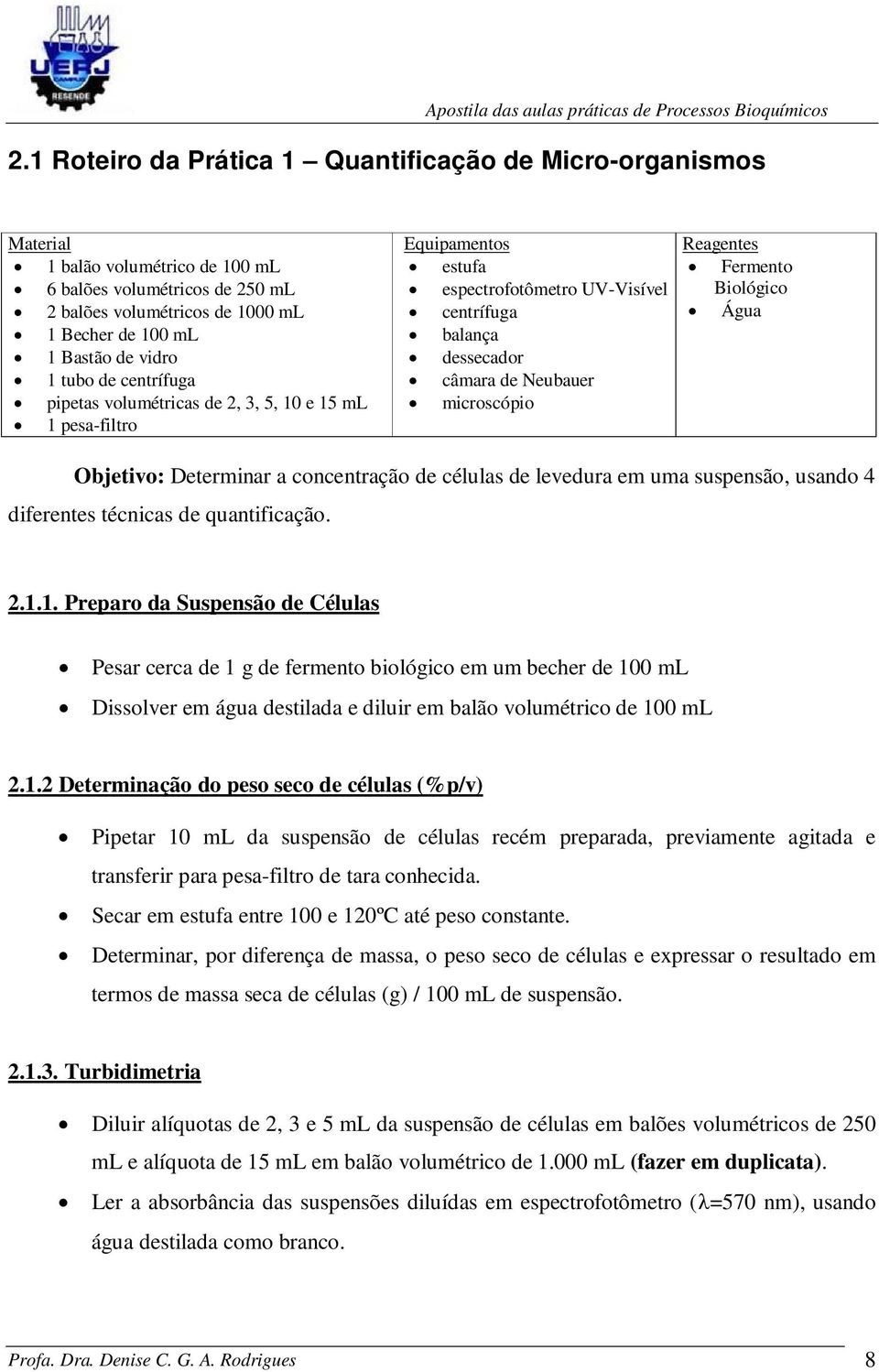 Fermento Biológico Água Objetivo: Determinar a concentração de células de levedura em uma suspensão, usando 4 diferentes técnicas de quantificação. 2.1.