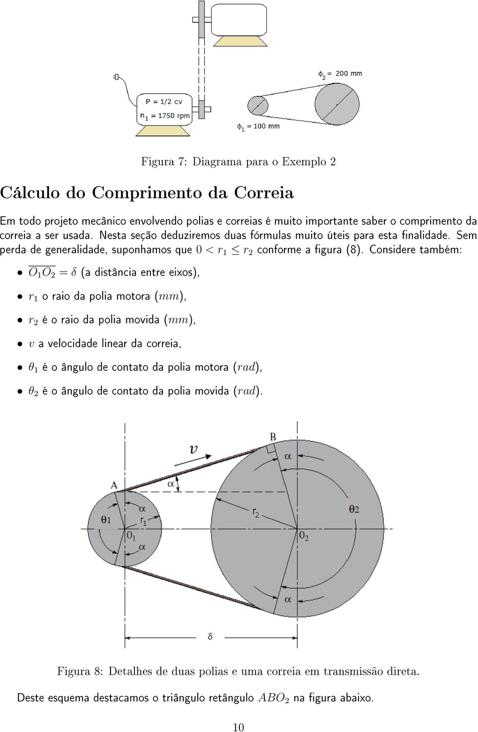 Considere também: O 1 O 2 = δ (a distância entre eixos), r 1 o raio da polia motora (mm), r 2 é o raio da polia movida (mm), v a velocidade linear da correia, θ 1 é o ângulo de