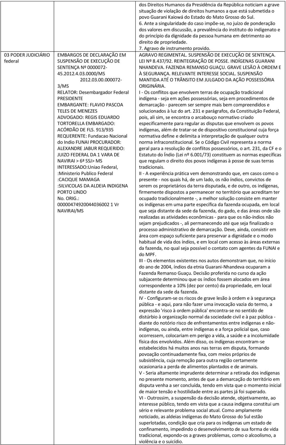 913/935 REQUERENTE: Fundacao Nacional do Indio FUNAI PROCURADOR: ALEXANDRE JABUR REQUERIDO: JUIZO FEDERAL DA 1 VARA DE NAVIRAI > 6ª SSJ> MS INTERESSADO:Uniao Federal, :Ministerio Publico Federal