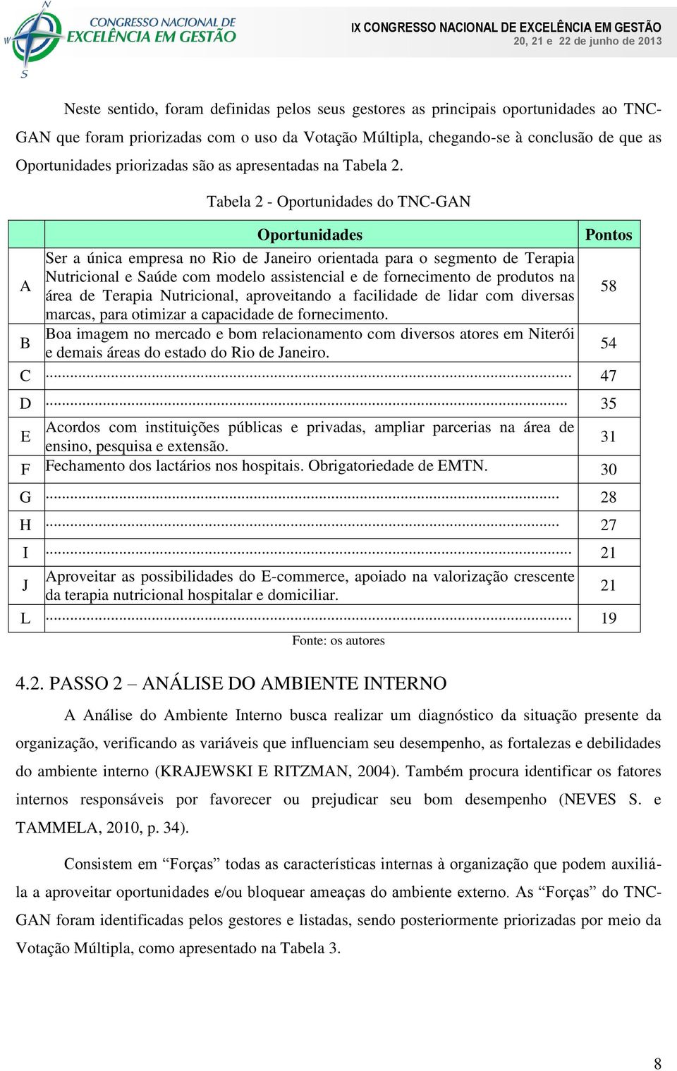 Tabela 2 - Oportunidades do TNC-GAN Oportunidades Pontos A Ser a única empresa no Rio de Janeiro orientada para o segmento de Terapia Nutricional e Saúde com modelo assistencial e de fornecimento de