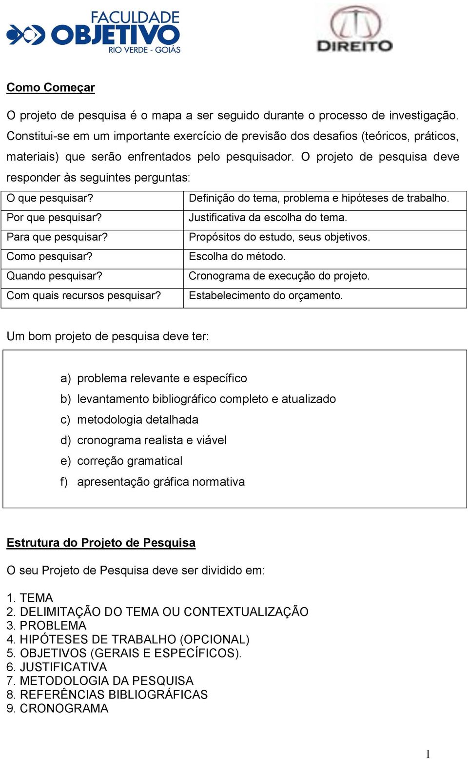 O projeto de pesquisa deve responder às seguintes perguntas: O que pesquisar? Definição do tema, problema e hipóteses de trabalho. Por que pesquisar? Justificativa da escolha do tema.