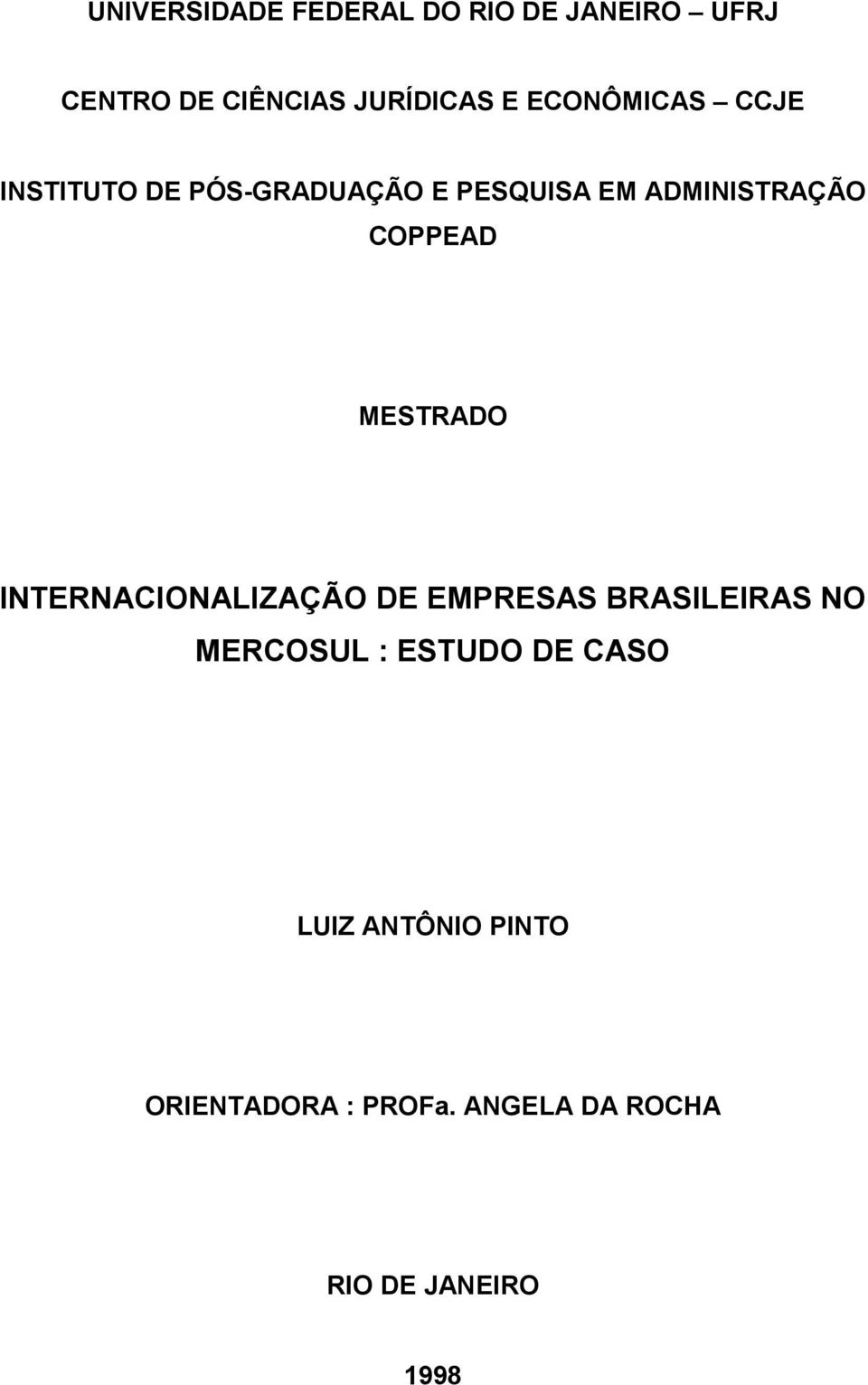 COPPEAD MESTRADO INTERNACIONALIZAÇÃO DE EMPRESAS BRASILEIRAS NO MERCOSUL :