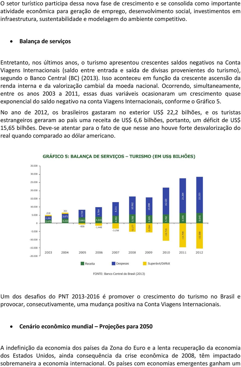 Balança de serviços Entretanto, nos últimos anos, o turismo apresentou crescentes saldos negativos na Conta Viagens Internacionais (saldo entre entrada e saída de divisas provenientes do turismo),