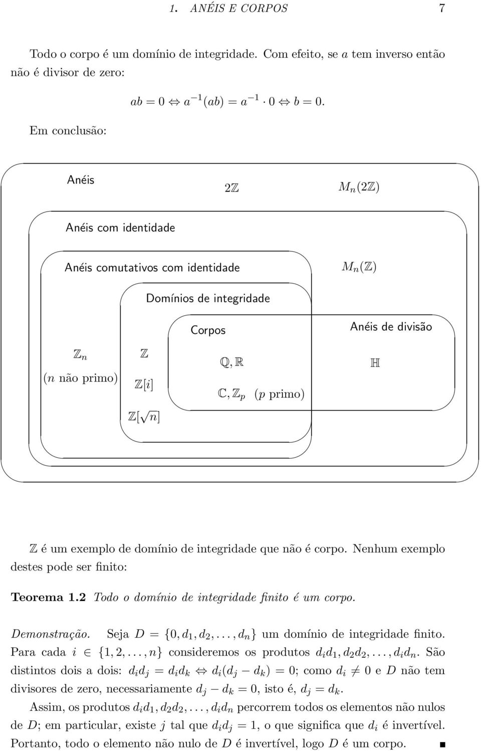 corpo Nenhum exemplo destes pode ser finito: Teorema 12 Todo o domínio de integridade finito é um corpo Demonstração Seja D = {0, d 1, d 2,, d n } um domínio de integridade finito Para cada i {1, 2,,