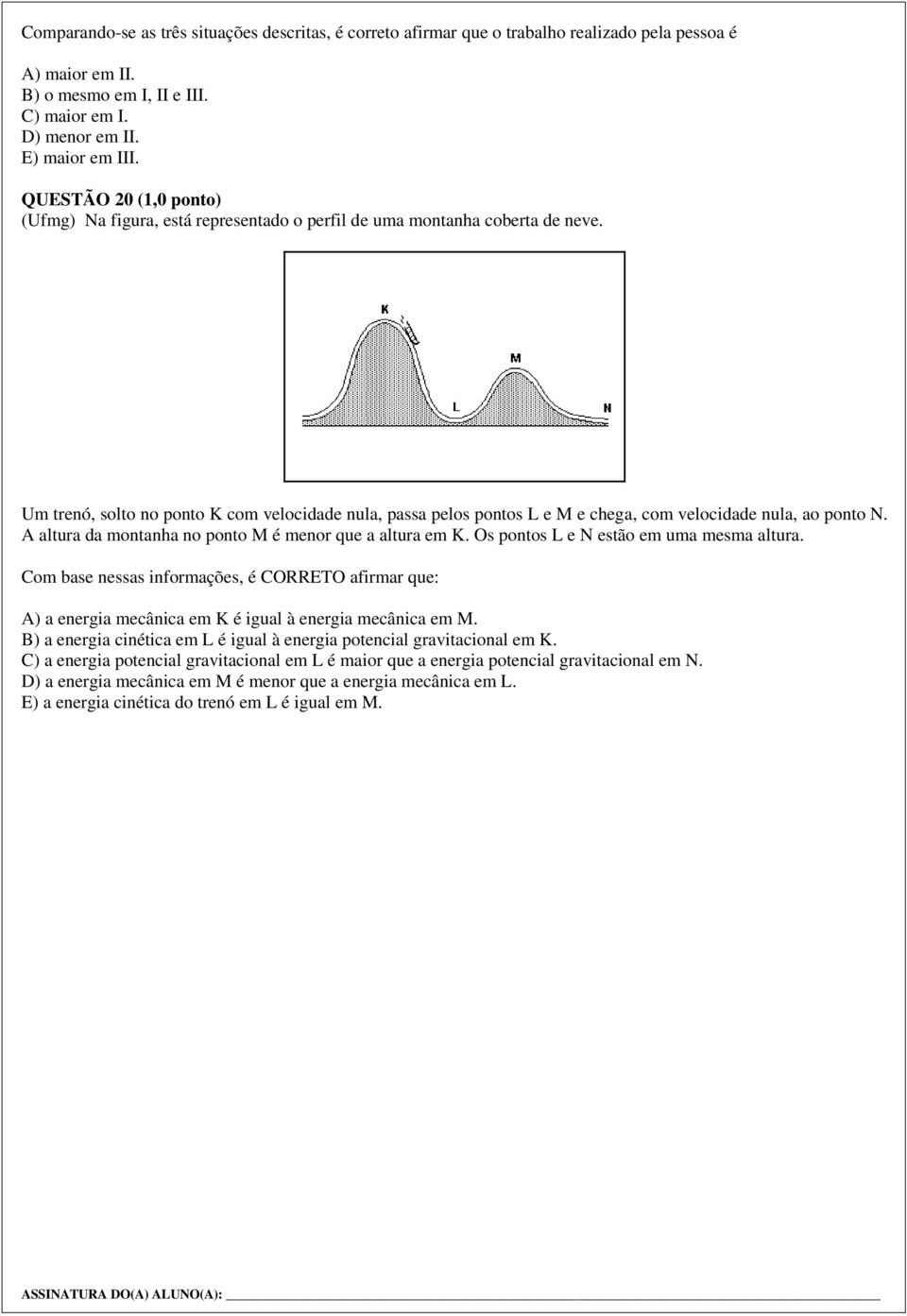 Um trenó, solto no ponto K com velocidade nula, passa pelos pontos L e M e chega, com velocidade nula, ao ponto N. A altura da montanha no ponto M é menor que a altura em K.