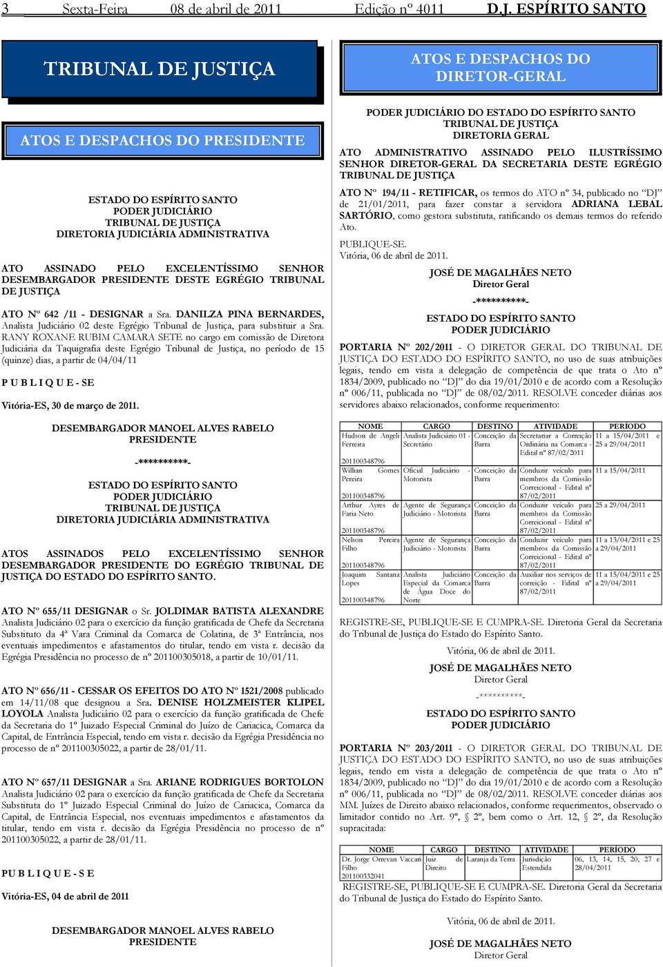 SENHOR DESEMBARGADOR PRESIDENTE DESTE EGRÉGIO TRIBUNAL DE JUSTIÇA ATO Nº 642 /11 - DESIGNAR a Sra.