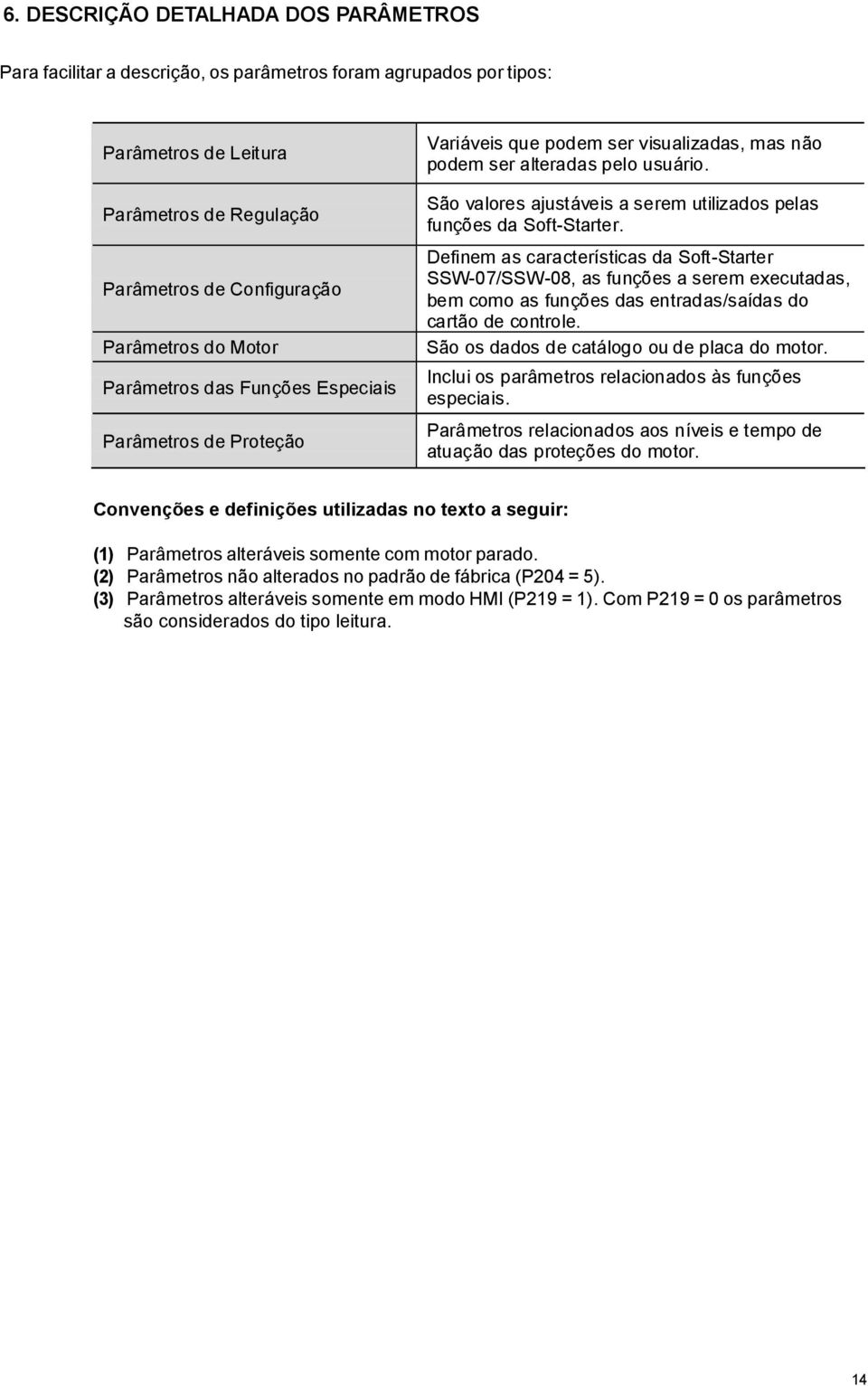 São valores ajustáveis a serem utilizados pelas funções da SoftStarter.