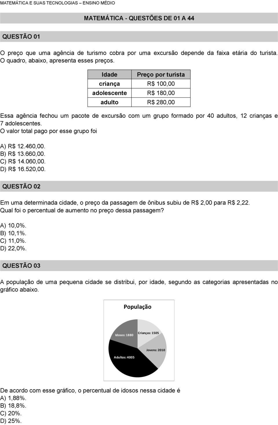 O valor total pago por esse grupo foi A) R$ 1.460,00. B) R$ 13.660,00. C) R$ 14.060,00. D) R$ 16.50,00. QUESTÃO 0 Em uma determinada cidade, o preço da passagem de ônibus subiu de R$,00 para R$,.